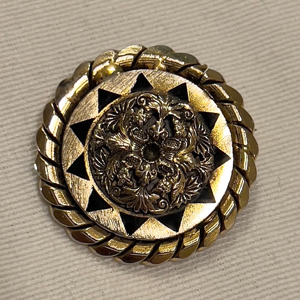 Vintage FREIRICH Signed Gold Plated Victorian Revival Black Enamel Brooch